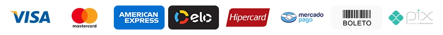 Formas de pagamento: Visa, Mastercard, Pix, Boleto, Elo, Hipercard, American Express